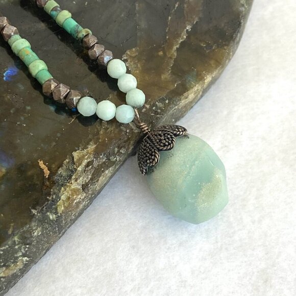 Sterling Silver 925 Turquoise Quartz Green Calcite Beaded Pendant Necklace 18" - Picture 5 of 16